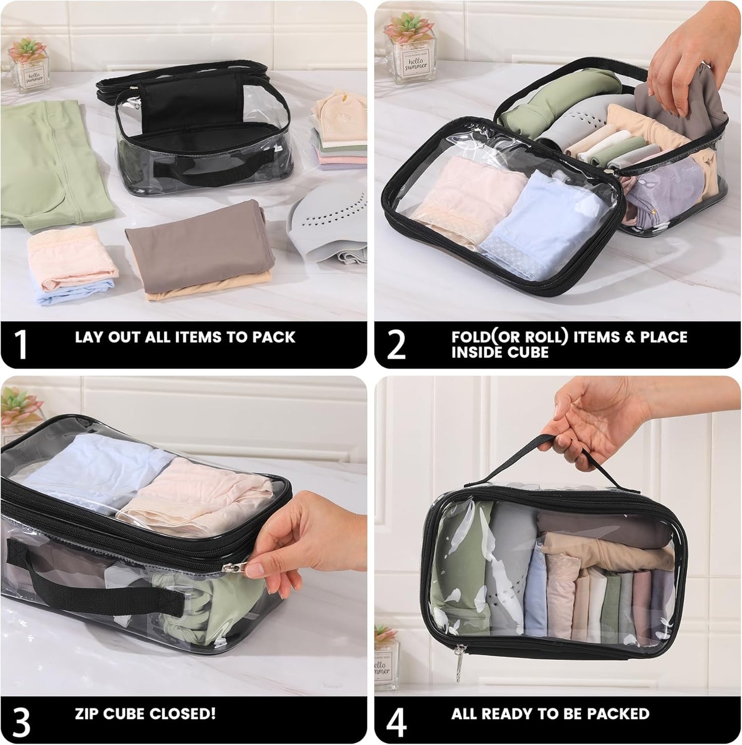 Large Clear travel bags for toiletries pouches carry on reusable,purse see-through plastic pvc TSA airport approved with handle (Black)