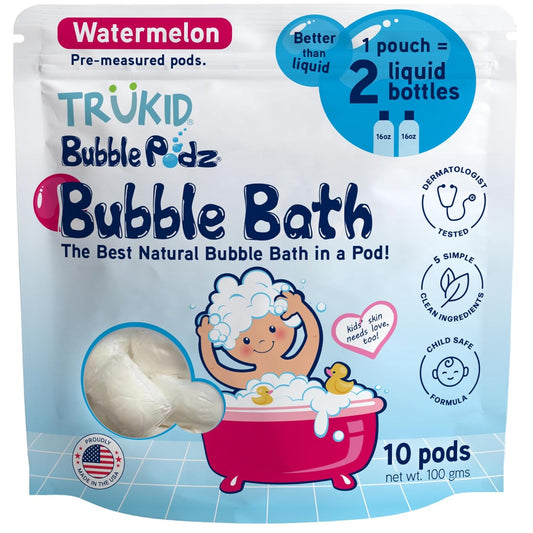 TruKid Bubble Podz Bubble Bath for Kids, Toddlers, & Babies, Tear Free Gentle & Refreshing Bath Bomb for Sensitive Skin with Natural Moisturizers, Non-Toxic, pH Balanced, Watermelon Scent (10 Podz)