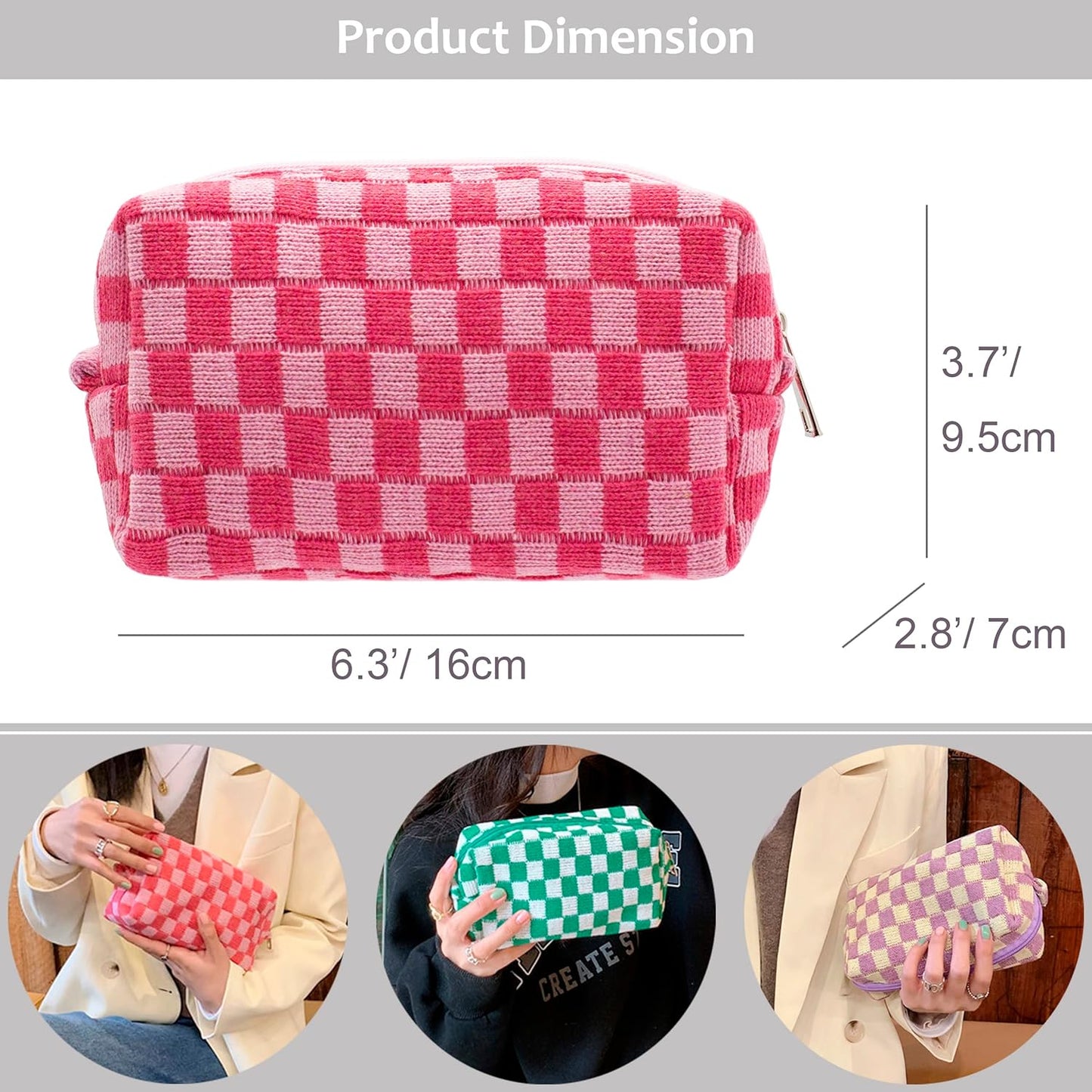 PAZIMIIK Checkered Makeup Bag for Purse Portable Zipper Make Up Pouch Small Cosmetic Case for Travel Accessories (6PCS Hotpink)