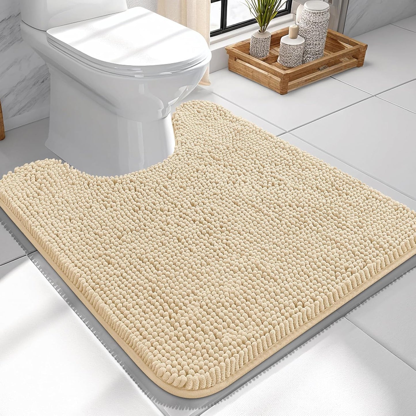 OLANLY Toilet Rugs U-Shaped 24x24, Extra Soft Absorbent Chenille Contour Bathroom Rugs for Toilet, Dry Quickly, Machine Washable, Non-Slip Bath Mat, Beige