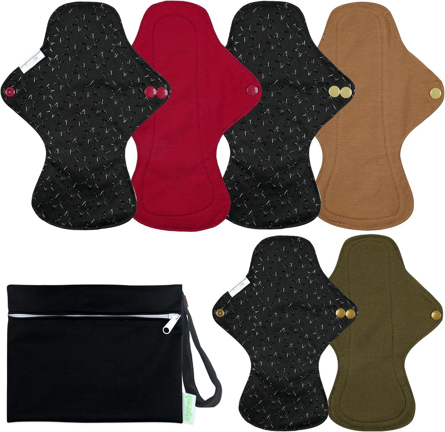 wegreeco 6 Pcs Reusable Menstrual Pads, Ultra Absorbent Cloth Pads for Light/Heavy Flow, Sanitary for Teens, Women, Nonslip Panty Liners + Bag (Aqua, Burgundy, Coffee, L)