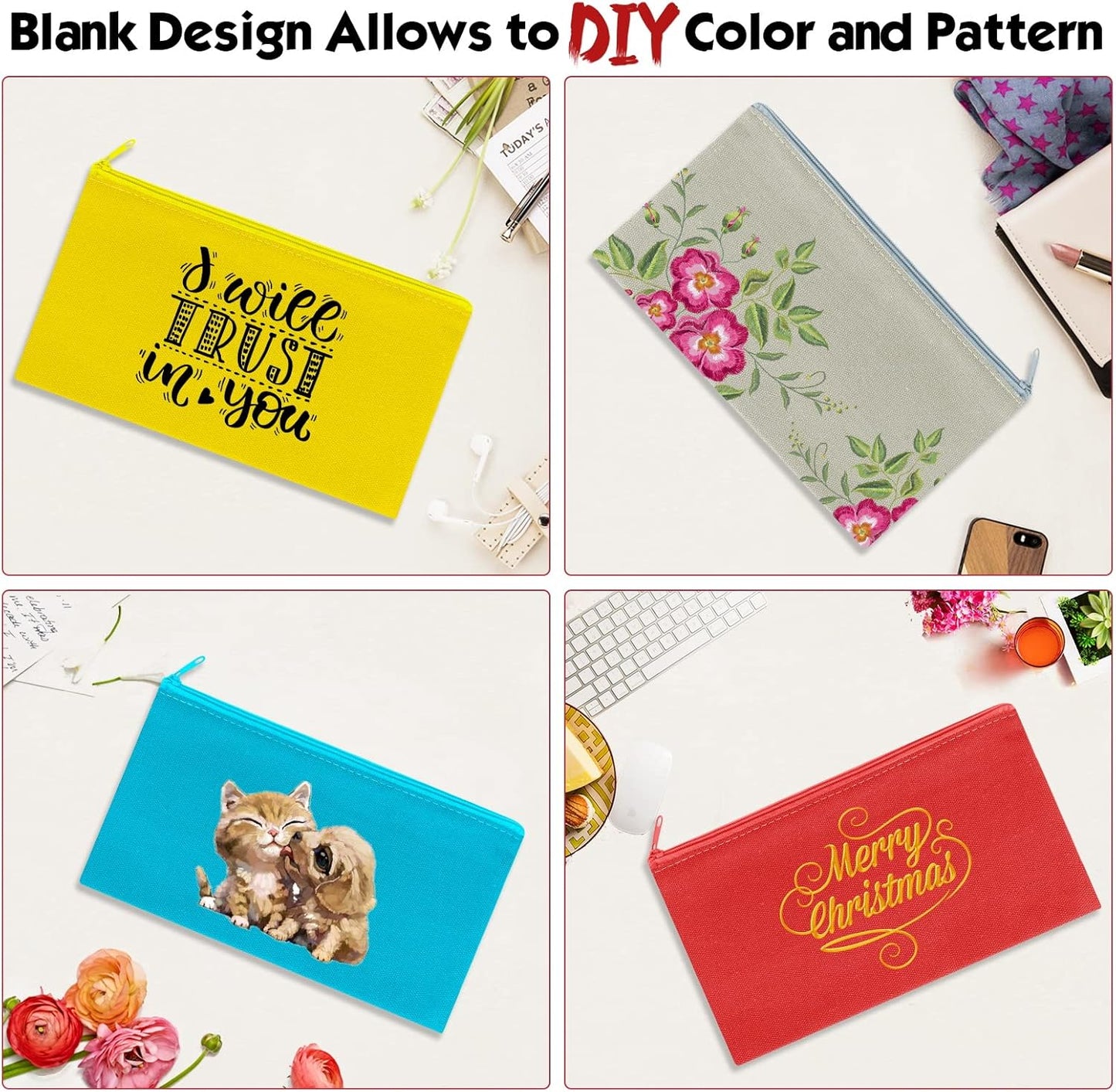 12 Pieces Cotton Canvas Makeup Bag, Multipurpose Cosmetic Bag with Zipper Travel Toiletry Pouch, Blank DIY Craft Bag (Multicolored A, L)