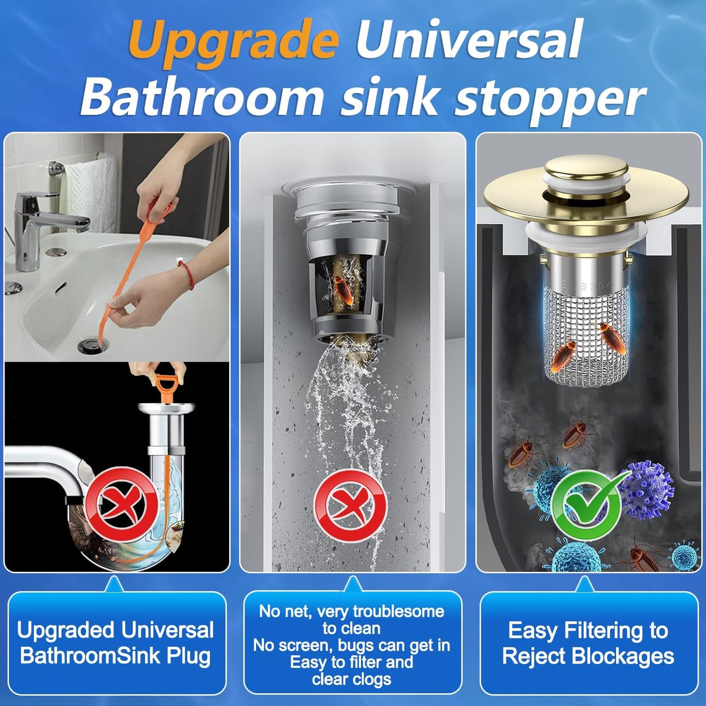 Sink Stopper Hair Catcher, Pop-up Sink Drain Strainer with Removable Stainless Steel Strainer Basket Hair Catcher, Bathroom Sink Strainer for Bathroom Sink Stopper Replacement (Brushed Gold)