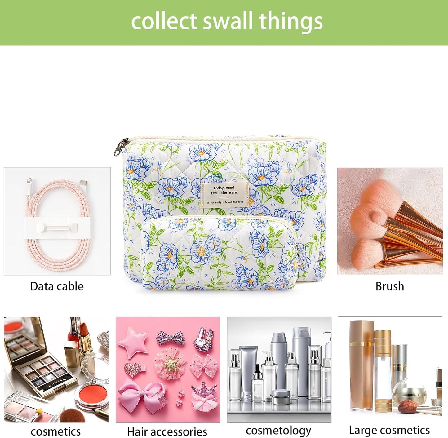 Quilted Cotton Cosmetic Bag 2Pcs Coquette Makeup Bag Travel Makeup Bag for Women Large Makeup Pouch Aesthetic Floral Cosmetic Pouch Toiletry Bag for Women Gift for Lover Daughter Sister Mom