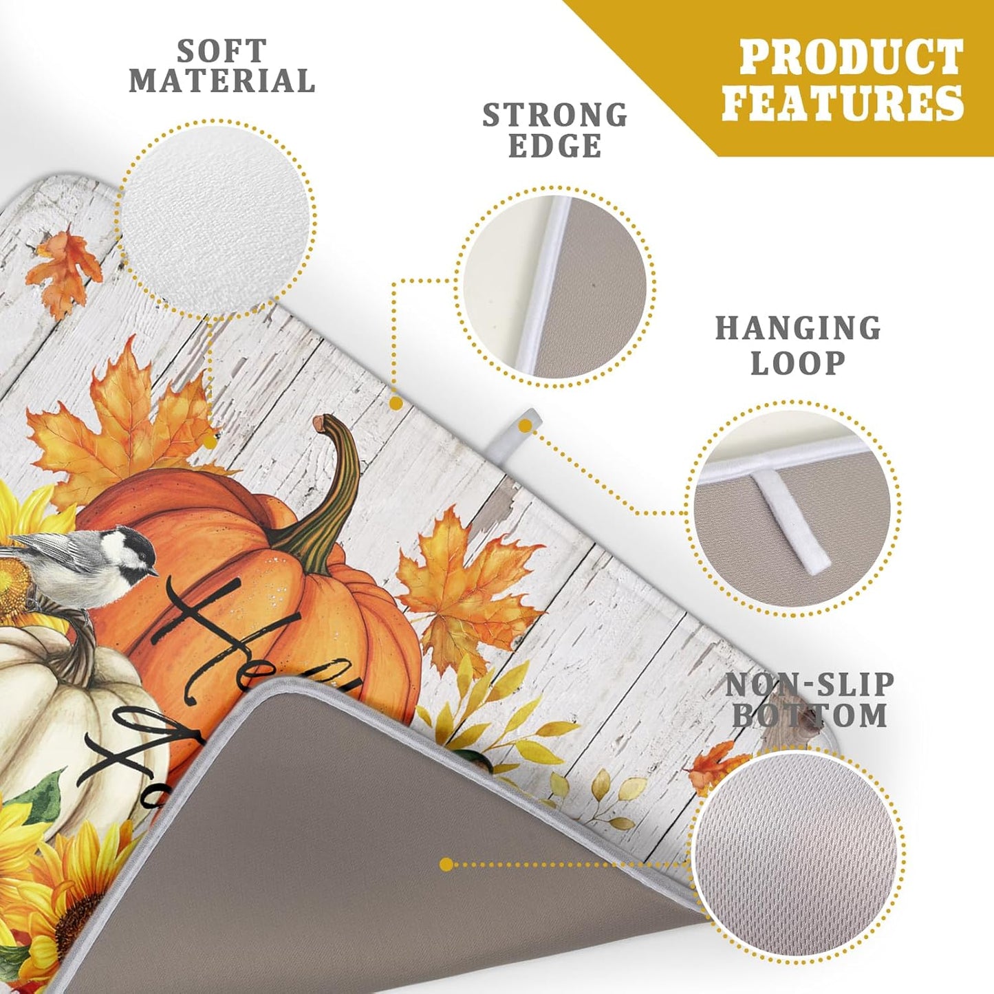 Hello Fall Dish Drying Mat for Kitchen Counter 18x24 Inch Orange Pumpkin Absorbent Drying Pad with Hanging Loop Autumn Home Decoration