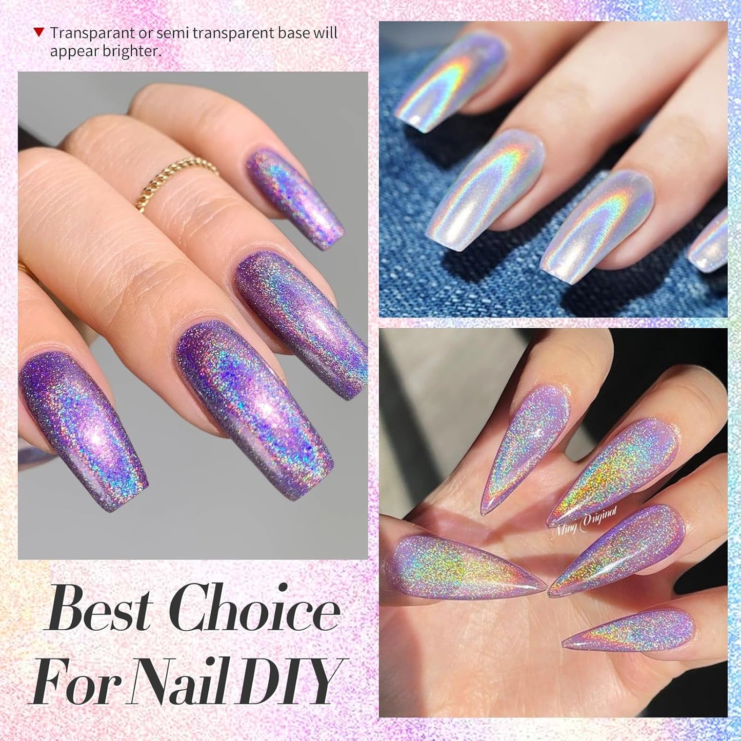Born Pretty Holographic Nail Powder Fine Rainbow Iridescent Holographic Effect Multi Chrome Manicure Pigment Glitter Dust for Salon Home Nail Art DIY Design