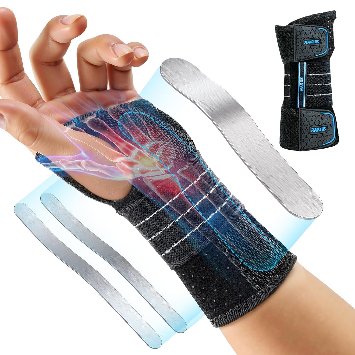 Carpal Tunnel Wrist Brace, Adjustable Night Wrist Support with 3 Metal Splints, Hand Brace for Men Women No Pressure on Thumb, Splint Stabilizer for Work, Blue Left Hand, Size S