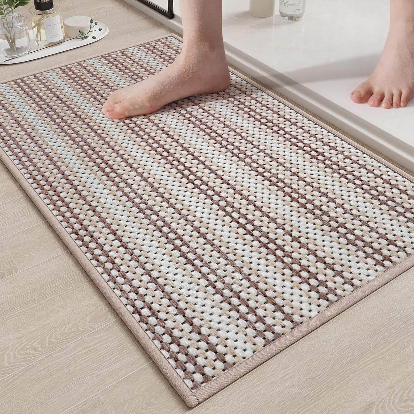 Ultra Thin Bathroom Rugs 16x24,Soft Absorbent Chenille Bath Rugs,Rubber Backing Quick Dry, Machine Washable Bath Mats for Bathroom Floor,Tub and Shower, Home Decor Accessories, Coffee