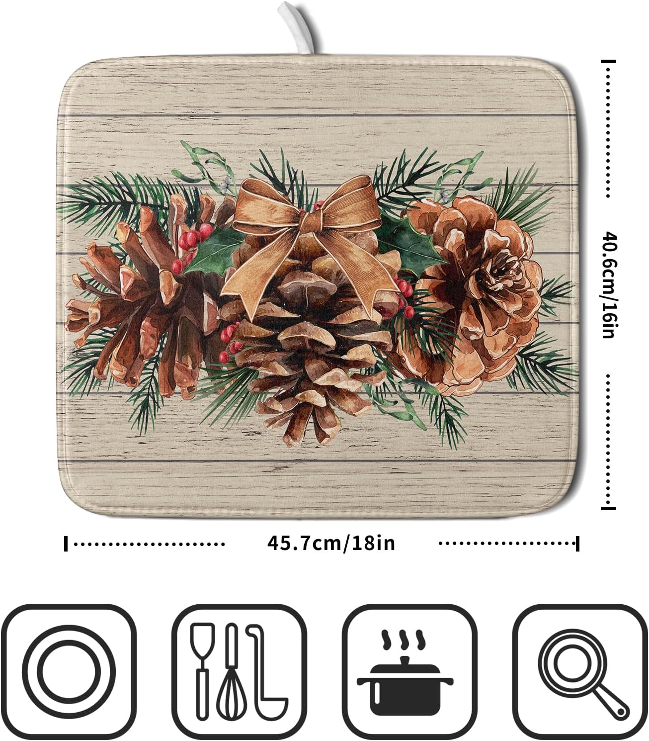 Winter Pine Cone Dish Drying Mat Holly Berries Dish Draining Mat Microfiber Washable Dish Drainer Rack Mat for Home Kitchen Counter 16"x18"