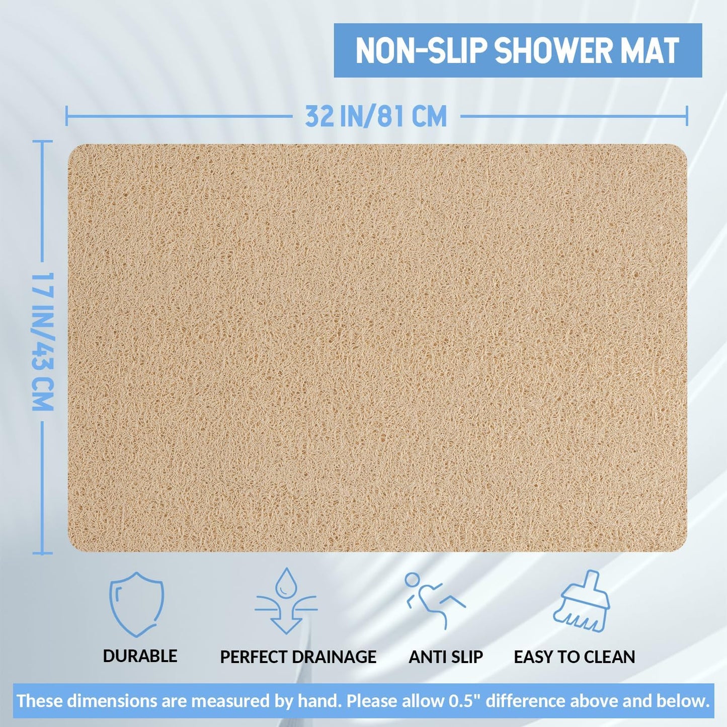 Non Slip Bathtub Mat - Anti Slip Shower Mat, Quick Drying, Foot Scrubber, Anti Slip for Tub, Floor, Bathroom, Home, Kitchen, Hotel (Beige 32'x17')