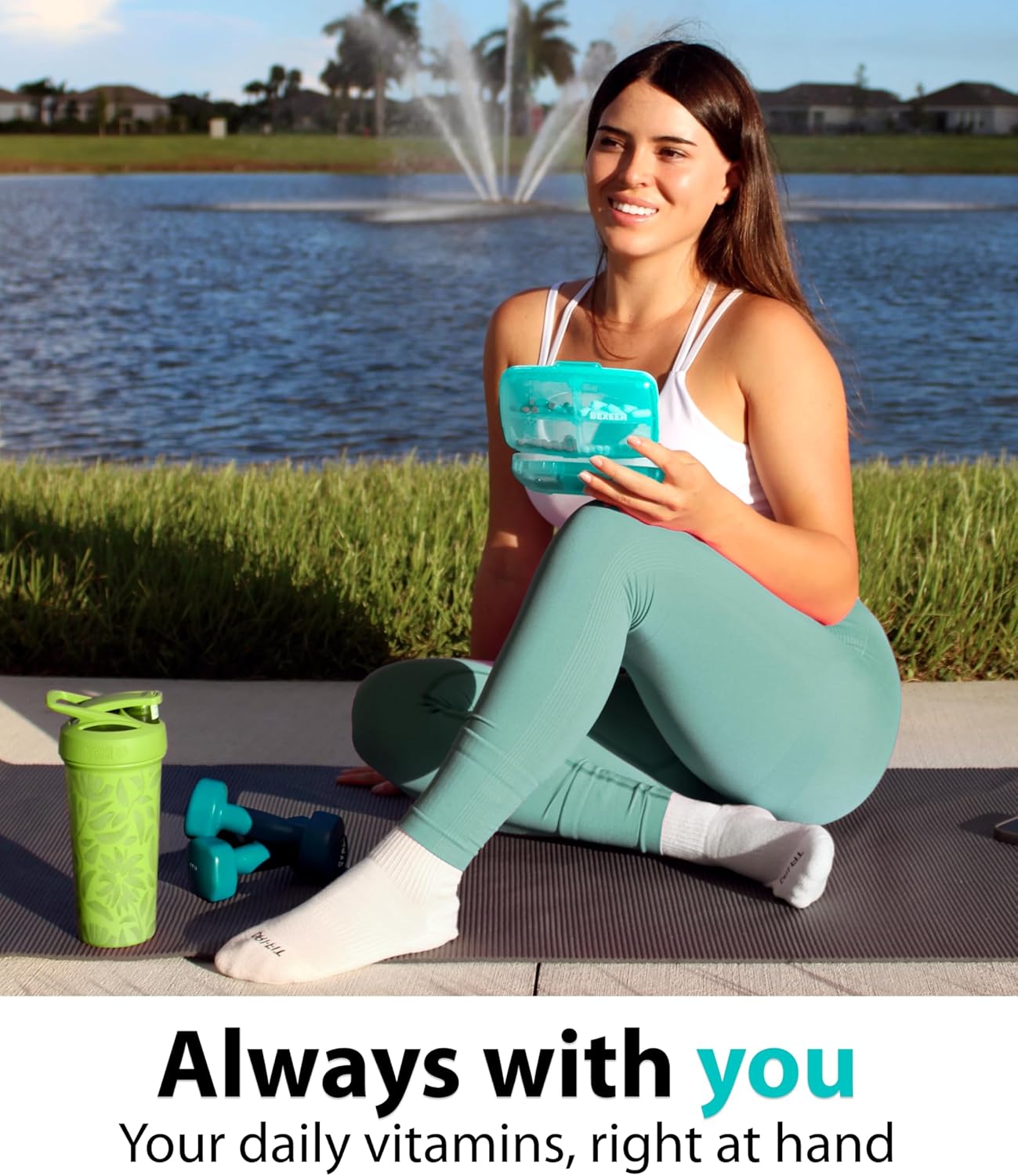 Travel Pill Organizer - Airtight Medicine Case for Traveling Portable Pharmacy Box with Labels Vitamin Container 8 Compartment Supplement Medication Holder Large Capacity Daily (Green)