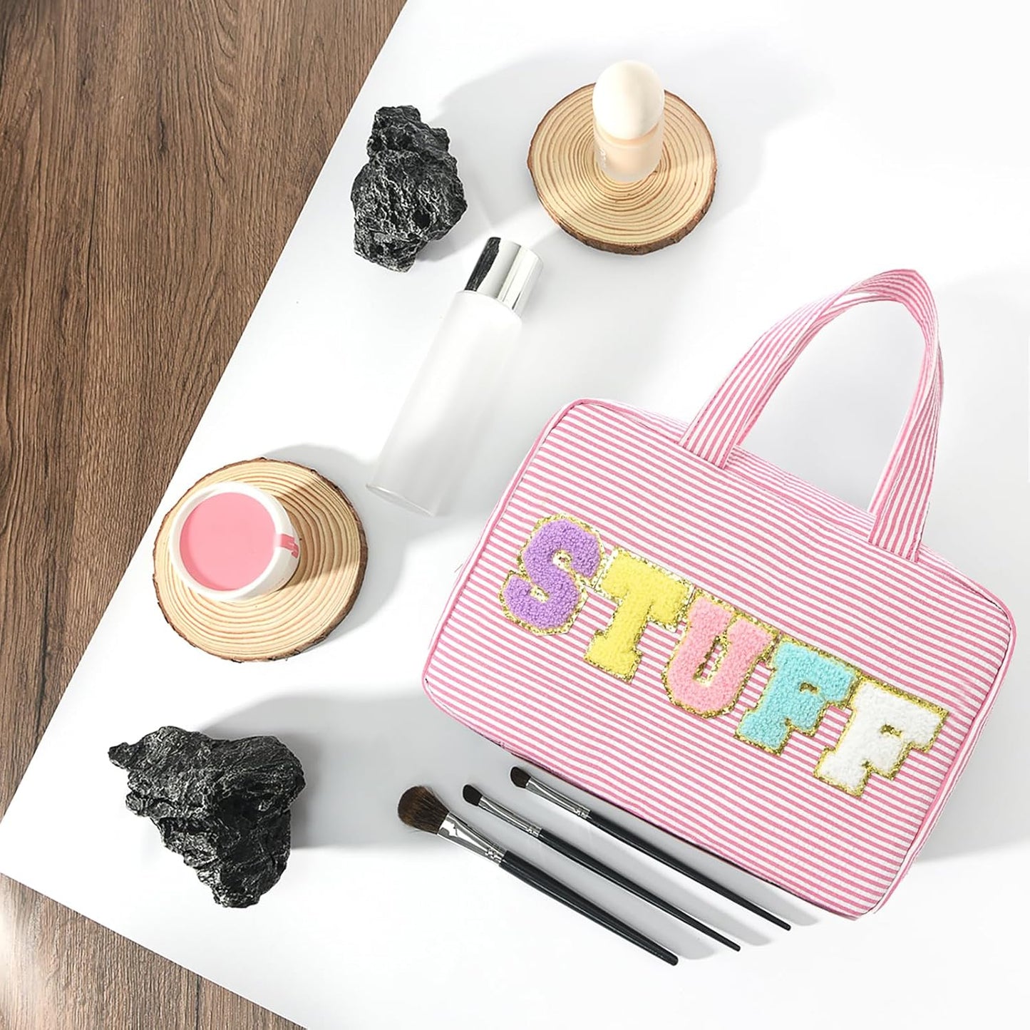 Travel Toiletry Bag for Women Chenille Letter Cosmetic Bag Fashion Stripes Water-resistant Makeup Bag with Hanging Hook for Store Toiletries Cosmetic Accessories Large Capacity Pink