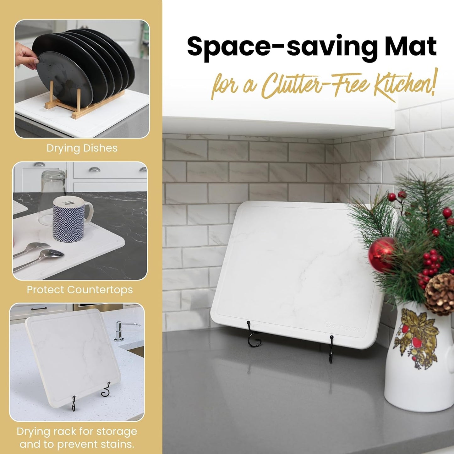 Stone Drying Mat For Kitchen Counter - 11.8" x 15.7" Water Absorbing Stone tray For Sink, Metal Rack and Kitchen Sink Caddy | Diatomaceous Earth Food Grade | Drying Stone For Kitchen counter