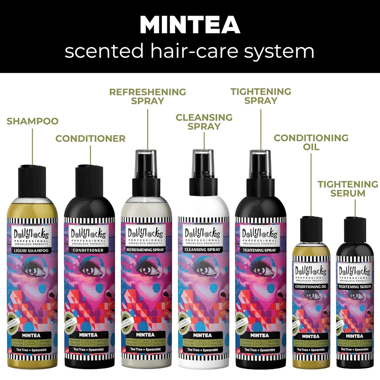 Dollylocks Dreadlock Tightening Spray for Locs - Mintea, Tea Tree Spearmint - Strengthen, Tame Frizzy Dreads, Residue-free for Loose Hair, 8oz