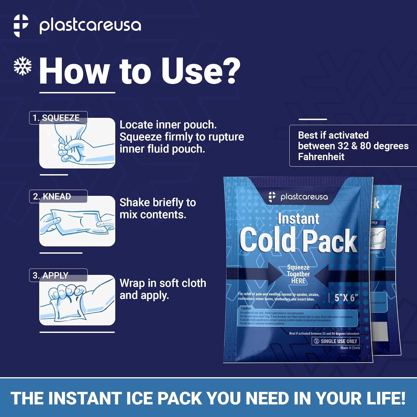 25 Pack 5" x 6" Disposable Ice Packs for Injuries, Swelling, Muscle & Joint Aches, Sprains & Abrasions - Easy to Use Disposable Cold Compress for Pain Relief - PlastCare USA Instant Cold Packs