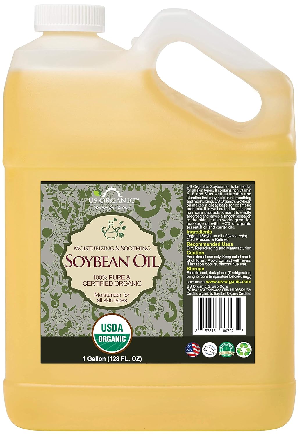 US Organic Soybean Oil bulk pack, USDA Certified Organic,100% Pure & Natural, Cold Pressed, Non GMO, Size for DIY and small manufacturers (128 oz (1 Gallon))
