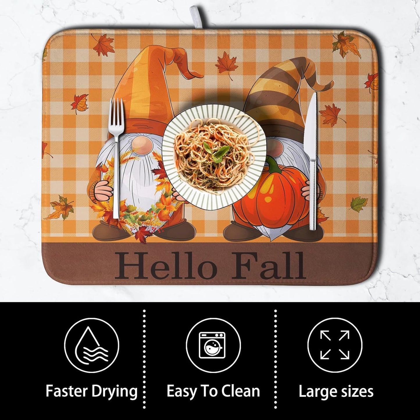 Hello Fall Autumn Gnomes Dish Drying Mat 16x18 Thanksgiving Pumpkin Maple Leaves Harvest Kitchen Drying Mat Orange White Buffalo Plaid Dish Drainer Mat Ultra Absorbent Dish Rack Pad for Coffee Bar
