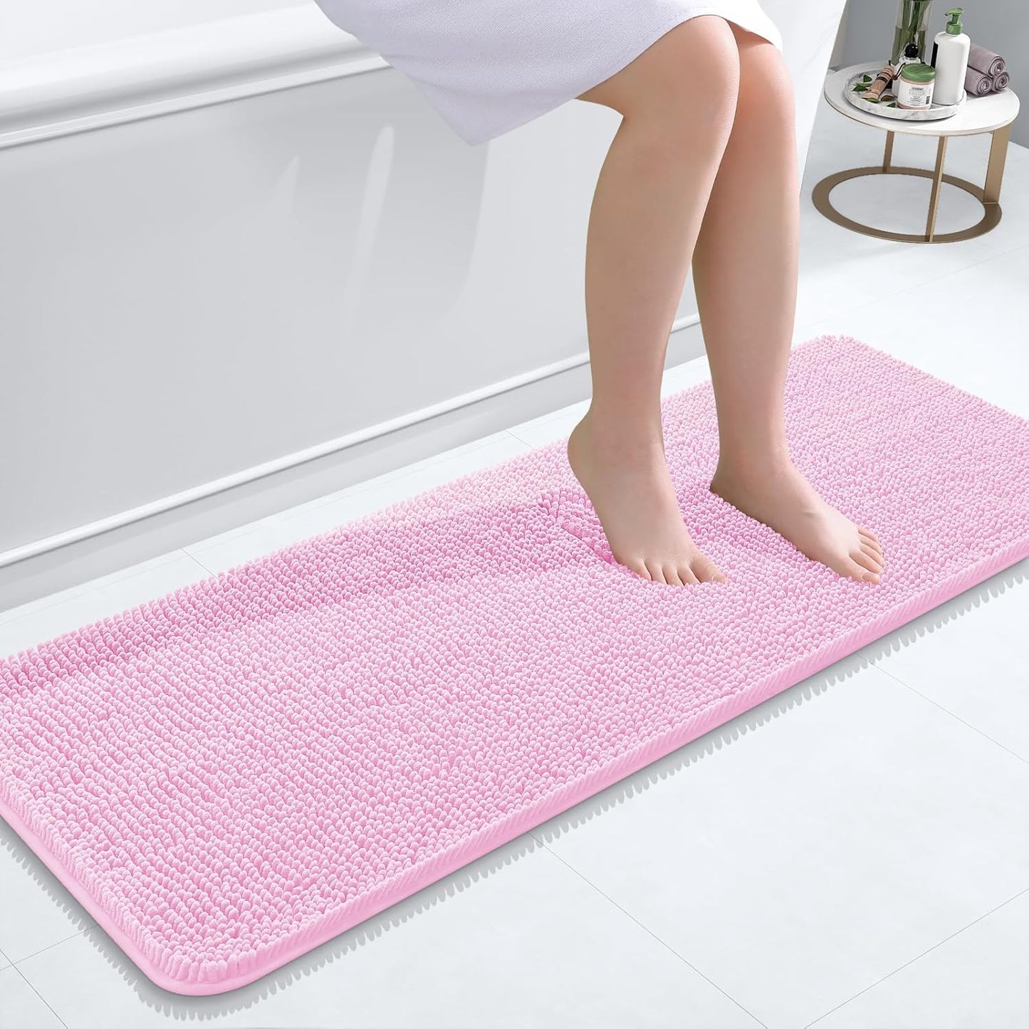 OLANLY Bathroom Rugs 47x17, Extra Soft Absorbent Chenille Bath Rugs, Rubber Backing Quick Dry, Machine Washable Bath Mats for Bathroom Floor, Tub and Shower, Home Decor Accessories, Pink