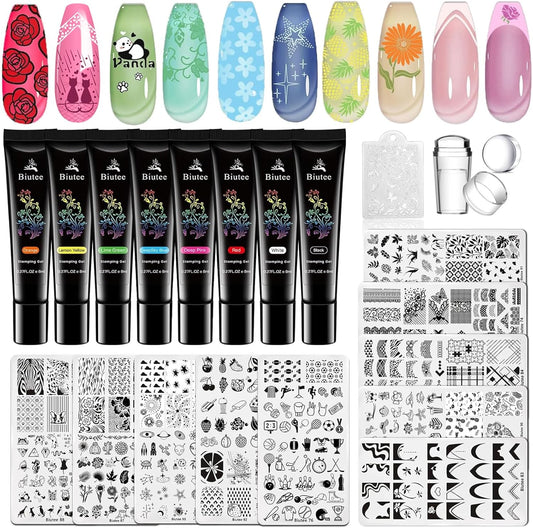 Biutee Nail Stamping Plates Set 8pcs Nail Stamping Polish Gel, 10pcs Nail Stamper Kit with Stamper, Nail Art Plates Set for Women Girls DIY Salon & Home