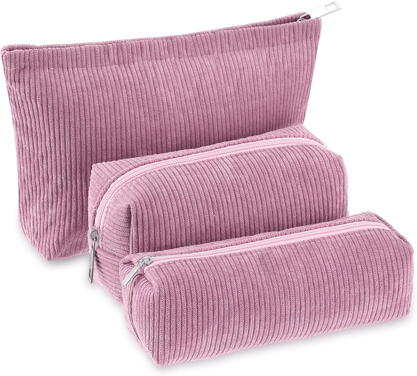 3 Pcs Makeup Bag Set for Women Corduroy Cosmetic Pouch Aesthetic Smile Travel Toiletry Bag Cute Purse Pouch Pencil Case Makeup Brushes Storage Organizer for Christmas(Rose Pink,Solid Style)