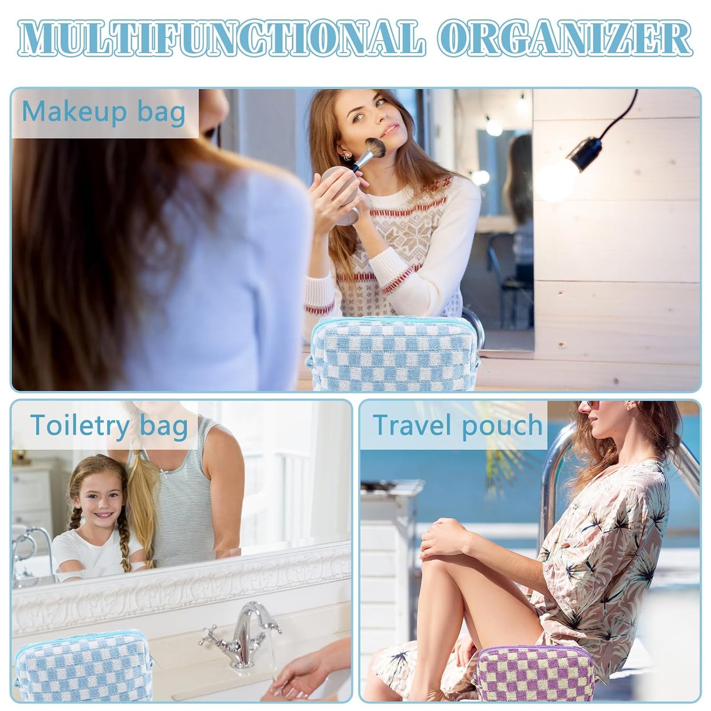 ZLFSRQ 2Pcs Checkered Pencil Case Cute Pencil Pouch for Teens Checkered Makeup Bag Medium Travel Cosmetic Bag Preppy Makeup Pouch for Purse Aesthetic Zipper Toiletry Bags Organizer(Blue/Purple)