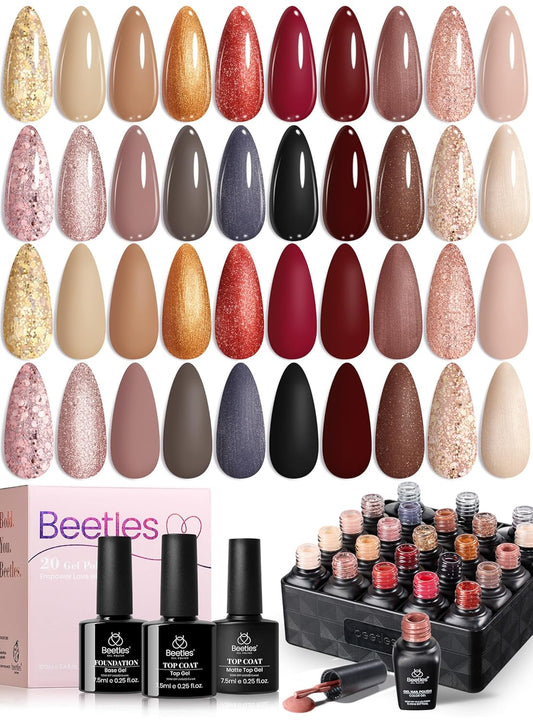 Beetles Gel Nail Polish Set - 20 Colors Warm Mist Fall Gel Nail Kit Burgundy Brown Nude Gold Glitter Gray Shimmer Soak Off Long Lasting with Base & Top Coat Home DIY Salon Nail Art Gift Set for Women