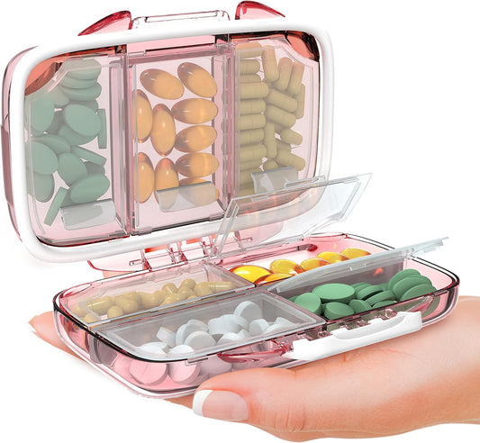 Travel Pill Organizer - Moisture Proof Portable Vitamin Holder with 7 Compartments, Compact Supplement Case for Purse Essential Medicine Kit fot Traveling Pocket Pharmacy with Labels, Pink