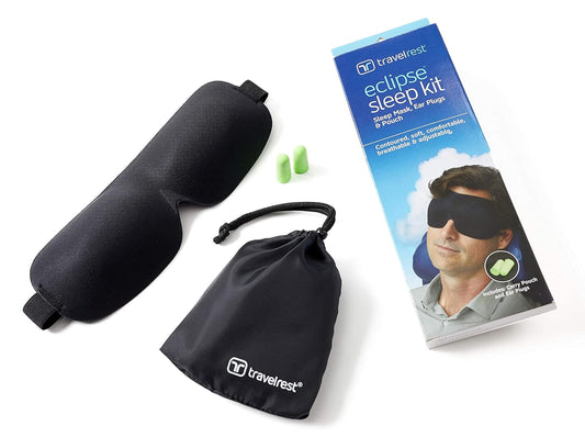 Travelrest Tranquility Sleep Mask with Ear Plugs & Carry Pouch with Adjustable Straps, Eye Cover for Men and Women, Essential for Home, Travel, Long Flights, Airplanes, Bus, Train, Office, Camping
