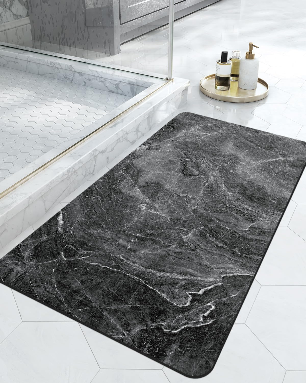 DEXI Bath Mat 17x32, Non Slip Quick Dry Rugs, Super Absorbent Ultra Thin Marble Bathmat, Washable Rubber Mats for Shower Floor, in Front of Bathtub, Sink, Bathroom Accessories Decor, Dark Grey