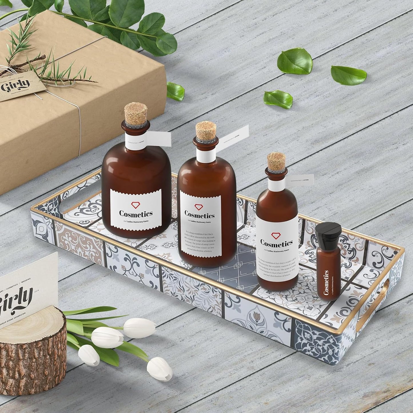 Bathroom Vanity Tray for Countertop, Small Plastic Toilet Tank Tray Versatile Storage & Organization Tray for Makeup, Perfume, Desk, Kitchen, Candles, 13.7"x6"x1.4", 35Boho3