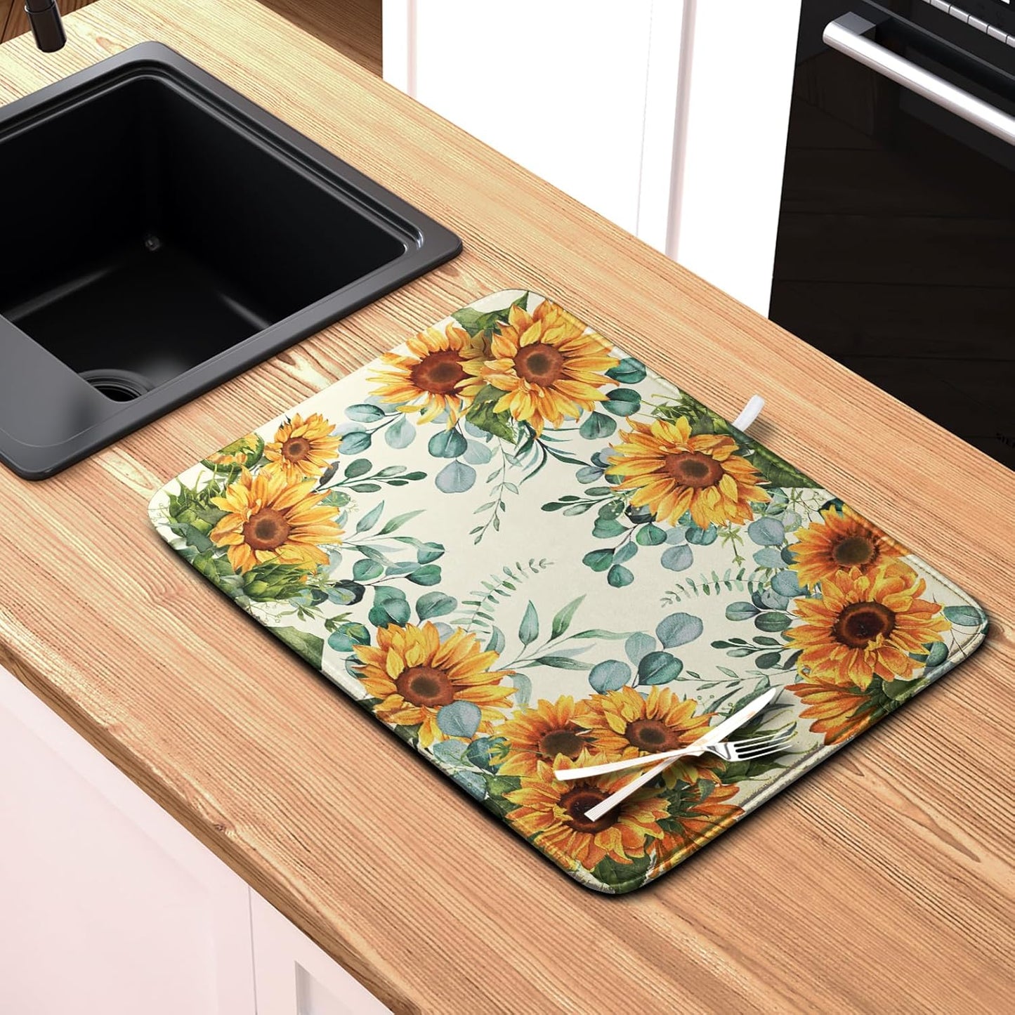 Sunflowers Dish Drying Mat for Kitchen Counter Yellow Flower Green Leaves Dish Draining Mats Spring Summer Floral Dishes Pad Microfiber Absorbent Dish Drainer Rack Mat Extra Large 18x24 Inch