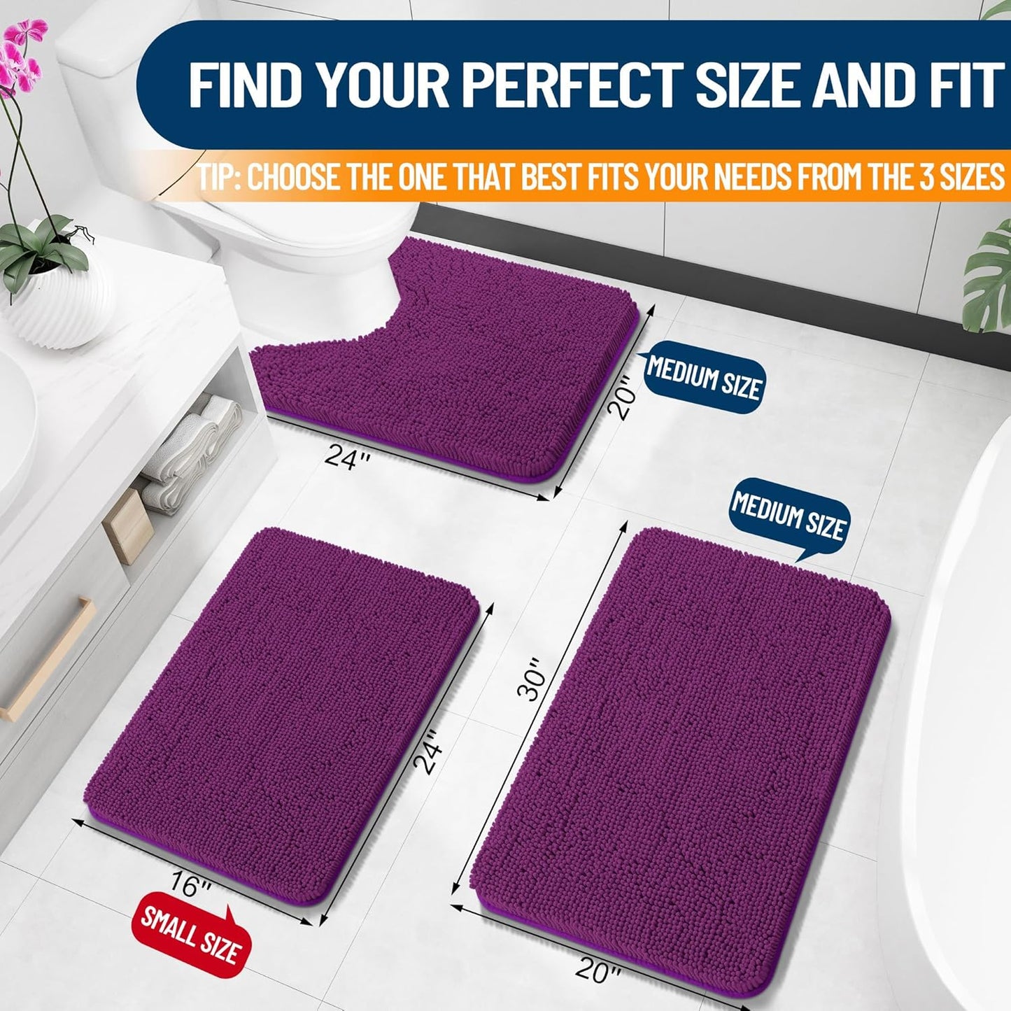OLANLY Bathroom Rugs 24x16, Extra Soft Absorbent Chenille Bath Rugs, Rubber Backing Quick Dry, Machine Washable Bath Mats for Bathroom Floor, Tub and Shower, Home Decor Accessories, Purple