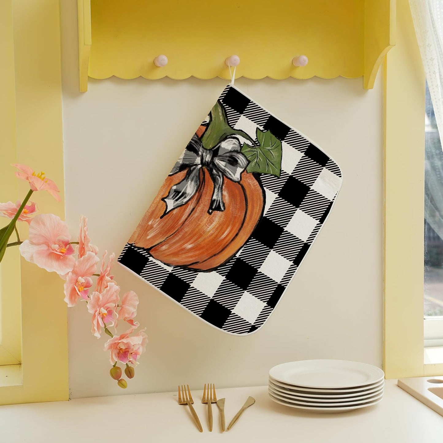 Fall Dish Drying Mat for Kitchen Counter, 18x24 Inch Buffalo Plaid Orange Pumpkin Absorbent Dish Drying Pad Heat Resistant Mat Coffee Bar Mat Dish Drainer Rack Mat