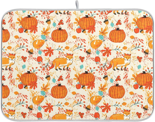 Fall Fox Dish Drying Mat for Kitchen Countertop 16x18 Autumn Chestnuts Pumpkin Berry Thanksgiving Day Small Drying Mat Reusable Quick Dry Dish Sink Mats Easy Clean Decorative Essentials