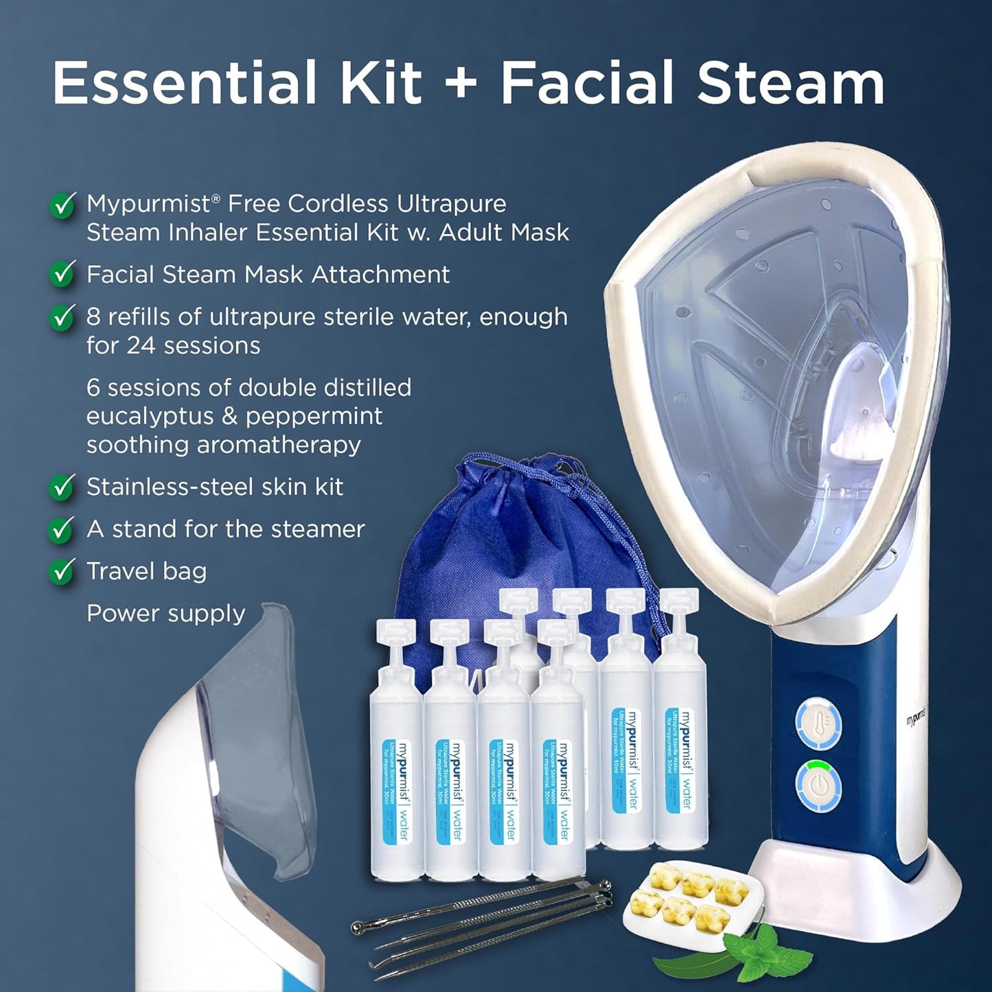 Mypurmist Free Plus Facial Steam Mask - Advanced Relief for Sinus, Allergy, Cold, Cough, and Skincare Needs - Facial Steamer Personal Vaporizer Inhaler Humidifier