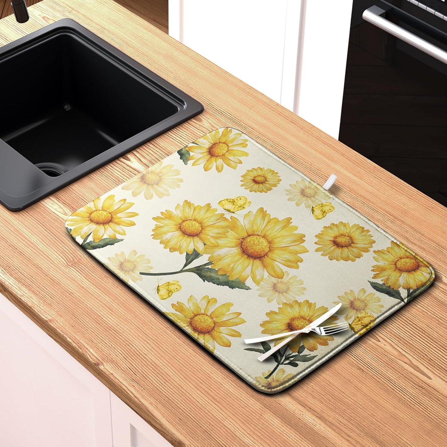 Yellow Sunflower Dish Drying Mat for Kitchen Counter Summer Daisy Floral Dishes Pad Farmhouse Flower Dish Draining Microfiber Absorbent Dish Drainer Rack Mat Large Extra Large 18x24 Inch