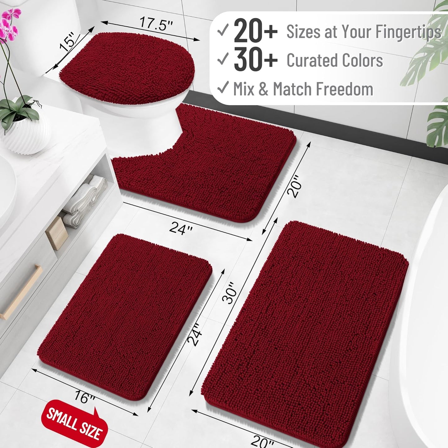 OLANLY Toilet Rugs U-Shaped 24x20, Extra Soft Absorbent Chenille Contour Bathroom Rugs for Toilet, Dry Quickly, Machine Washable, Non-Slip Bath Mat, Burgundy