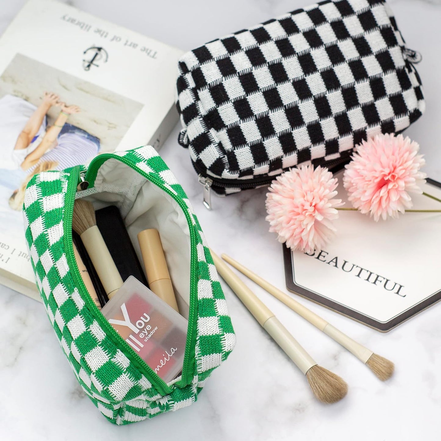 PAZIMIIK Checkered Makeup Bag for Purse Portable Zipper Make Up Pouch Small Cosmetic Case for Travel Accessories (Green)