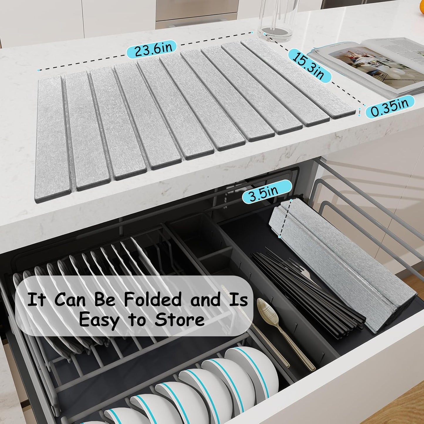 Stone Dish Drying Mat For Kitchen & Bathroom - Diatomaceous Earth, Quick Dry, Collapsible, Non - Slip Pvc, Rounded Corners, 15.4 X 23.6 IN, Absorbent, Natural Material For Dishes, Cups & More