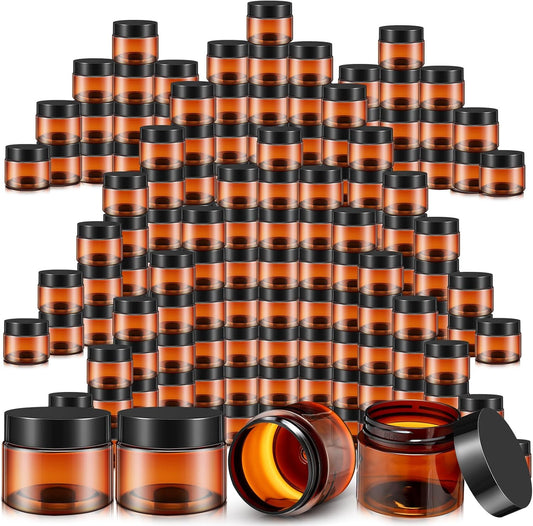 SATINIOR 100 Pcs Plastic Jars with Lids Small Containers Lids Wide Mouth Small Plastic Containers for Lotion Cream Rhinestones Body Butters Travel Storage(6 oz, Amber)