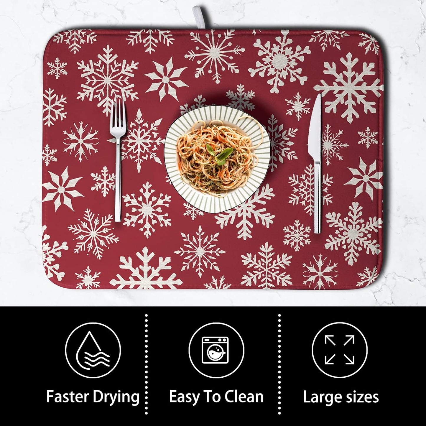 Christmas Snowflakes Dish Drying Mat for Kitchen Counter 18x24 Inch Red White Winter Xmas Pattern Dish Drying Pad for Dishes Microfiber Absorbent Dish Drainer Rack Mats for Countertop