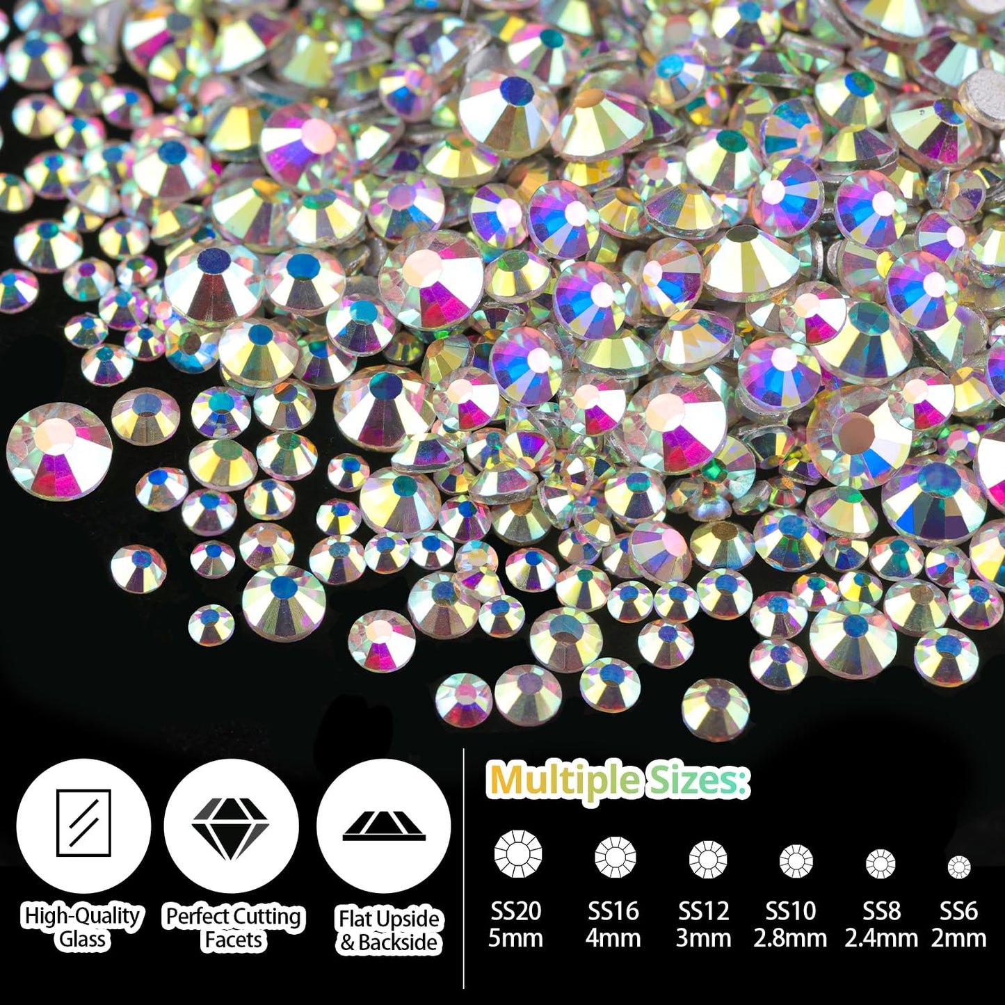 Rhinestones for Nails, Manicure Gem, Flatback Glass Crystal AB + Transparent Clear Gemstones and Colorful Resin Beads, 2-5mm Round Gems for Professional Salon DIY Nail Art with Pickup & Dotting Tools