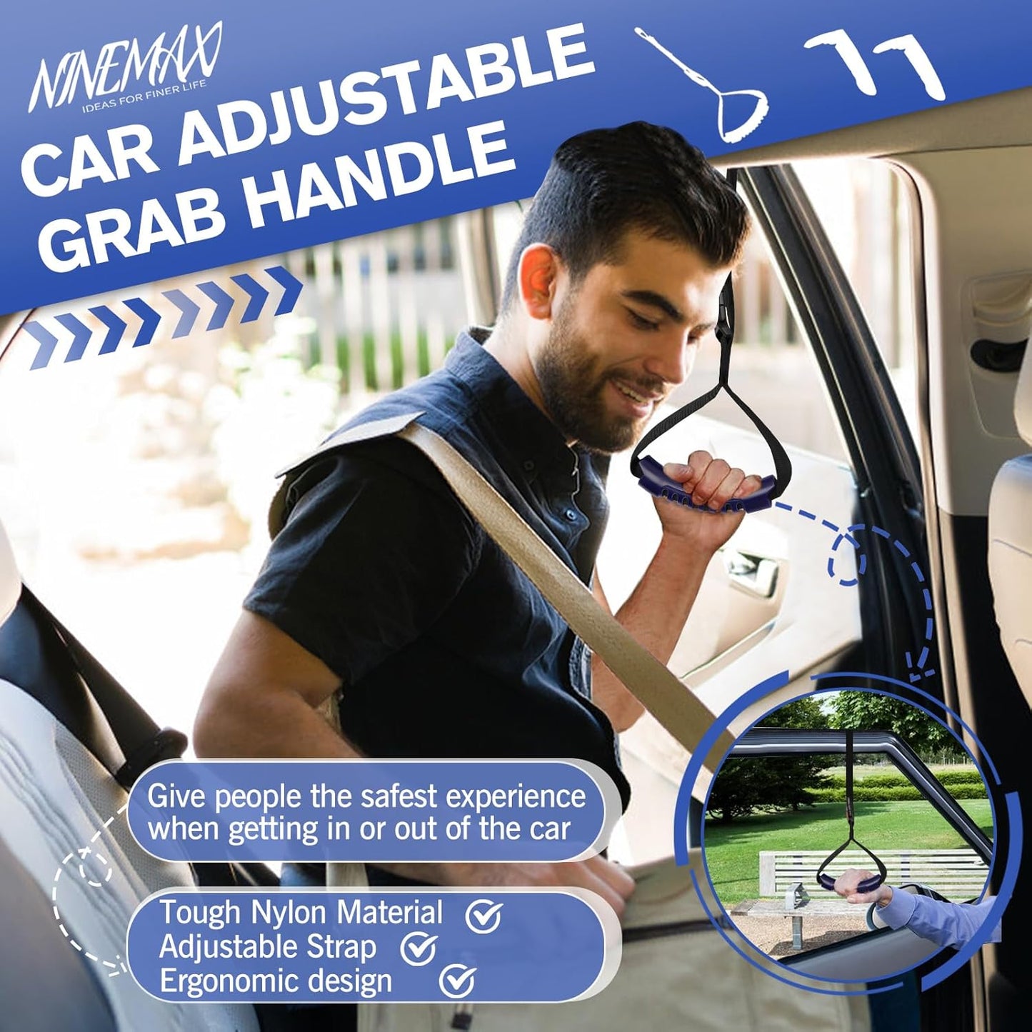 NINEMAX Car Door Handle for Elderly Car Handle Assist Support, Auto Grab Handles, Portable Car Door Cane for Seniors, Handicap (1 pc with Strap)