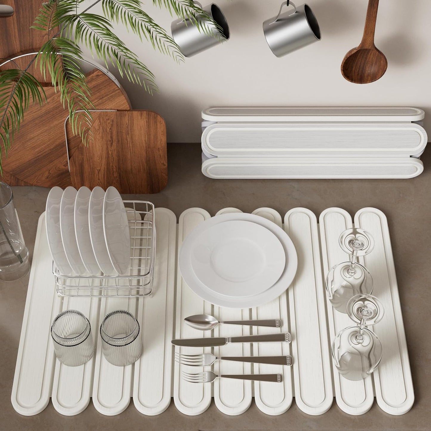 Stone Dish Drying Mat for Kitchen Counter, Quick Dry Stone Mat Kitchen for Dishes Bottles Cups, Large Foldable Diatomaceous Earth Dish Drying Mats Match Any Countertop, White