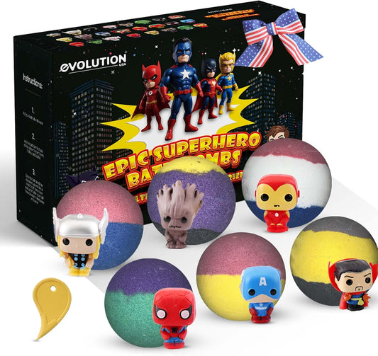 EvolutionUSA Black Epic Superhero Bath Bombs for Kids, 6 Super Hero Bath Bombs with Toy Inside, Lush Childrens Bathbombs, Organic Bathbomb with Surprise Inside, Fizzy Fun Superhero Bath Balls
