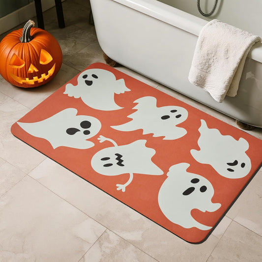 Halloween Bath Mat, Thin Halloween Bathroom Rug Non Slip Quick Dry Bath Mat Fits Under Door Thin Floor Mat Halloween Decor, 17''x30'', Cute Ghosts Orange