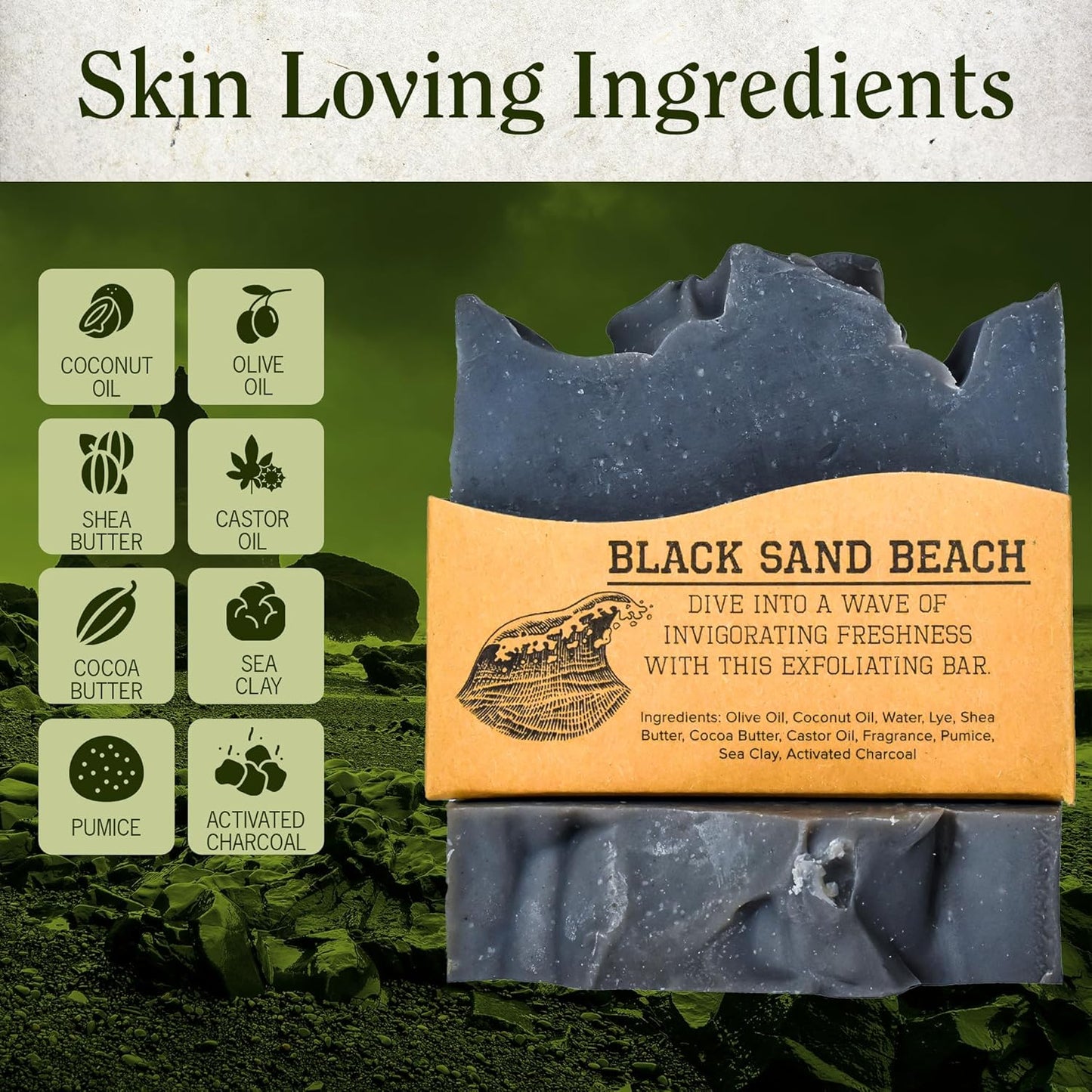 Compass Soap Black Sand Beach| Natural Bar Soap for Men | Soap Bar with Heavy Grit for Exfoliation | Best Mens Bar Soap | Natural, Paraben & Phthalate Free Bath Soap Bars for Men | 5 oz. Pack of 2
