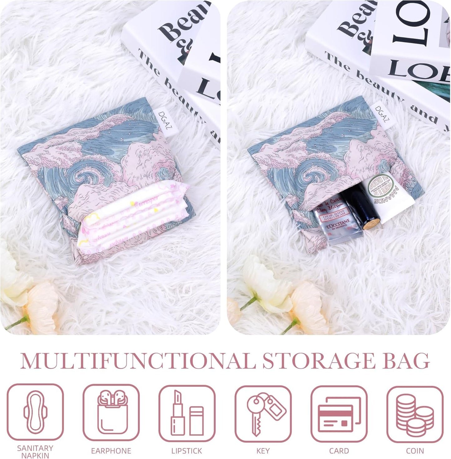 DGAZ Sanitary Napkin Storage Bag, Period Bag for Teen Aged Girls, Portable Period Bag for Panty Liners/Menstrual Cup/Small Tampons，Mini Makeup Bag for Purse(Sea and Waves)