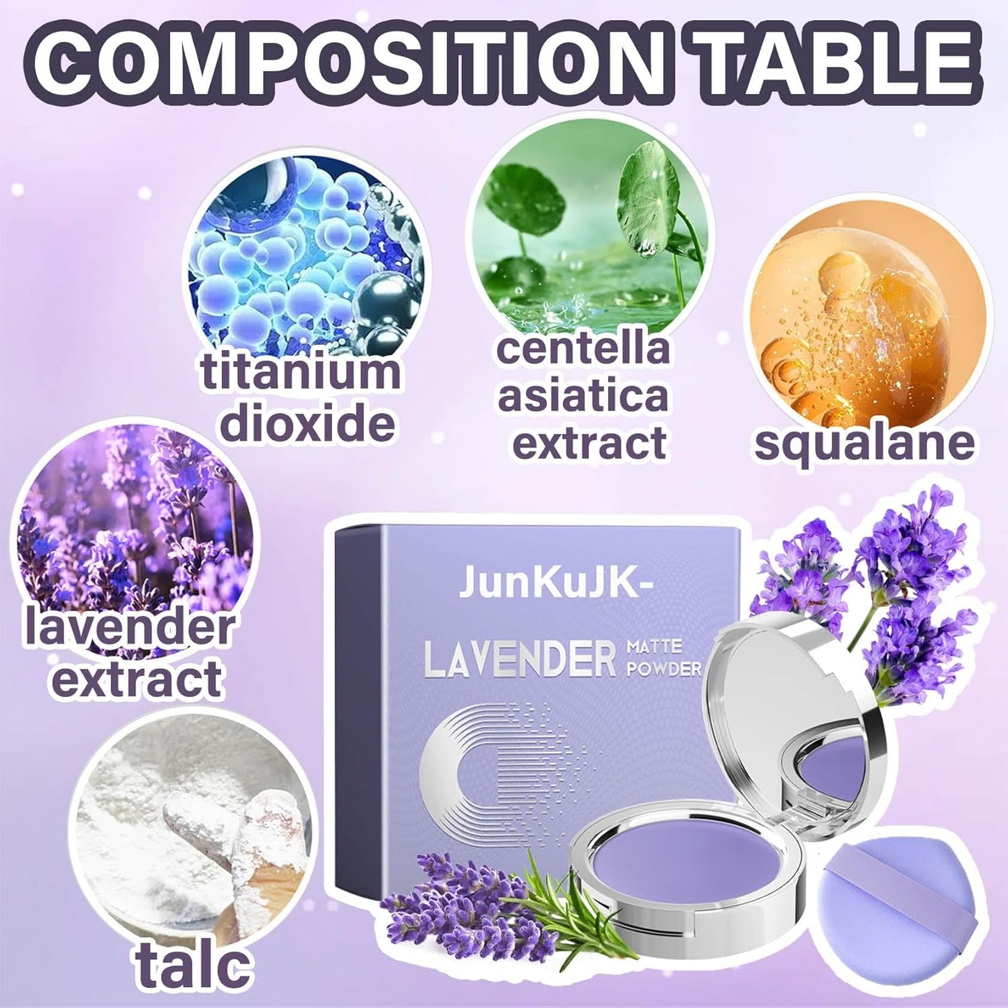 Lavender Matte Powder,Long Lasting Oil Control Lavender Setting Powder Makeup with Mini Powder Puff,Hydrating Travel Size Mini Setting Compact Powder for All Skin Types