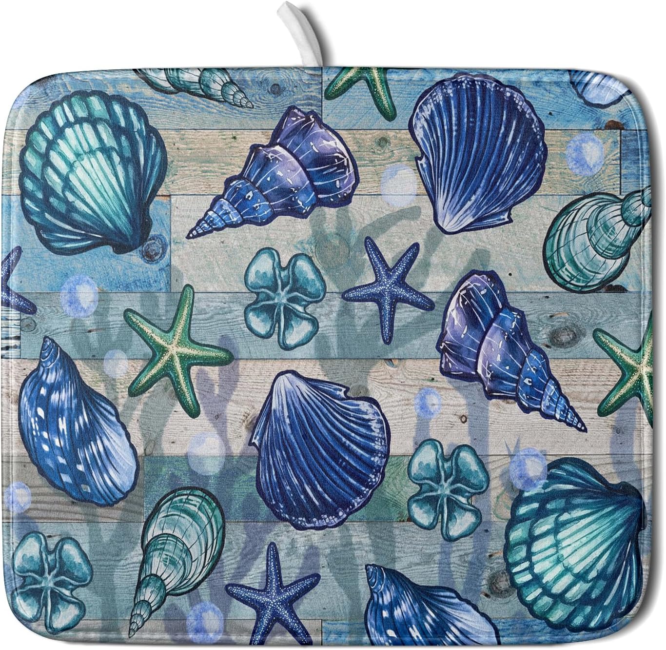 Starfish Seashell Dish Drying Mat 16x18 inch Coastal Beach Dish Drainer Rack Pad Absorbent Microfiber Fast Dry Kitchen Counter Accessories